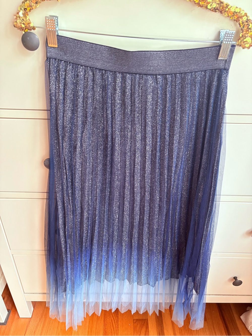 NWT Studio West Navy Pleated Ombré Fairy Skirt With Glitter Tulle Overlay Medium
